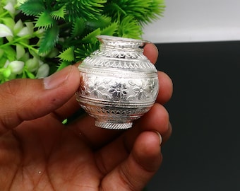 Solid sterling silver handmade plain small Kalash or pot, unique vintage design special silver puja article, water/milk kalash pot su348