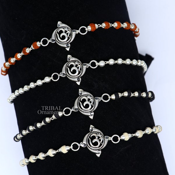 Divine Aum OM Rakhi 925 sterling silver handmade stylish gorgeous Rakhi bracelet, amazing Rudraksha, Tulsi beaded bracelet Rakhi rk186