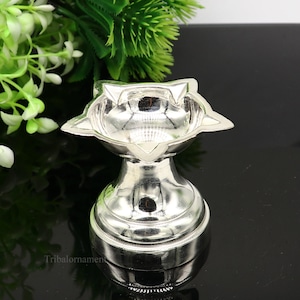 solid sterling silver handmade elegant oil lamp, silver home temple utensils, silver diya, deepak, silver utensil, silver puja article su404