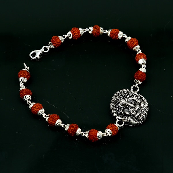 8" 925 Sterling silver customized rudraksha beaded Lord Ganesha Rakhi bracelet. best gift for your brother's of special Rakshabandhan rk07