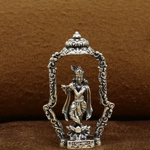 Figura de puja del Señor Krishna con flauta hecha a mano en plata de ley 925, fabulosos ídolos hindúes divinos, artículos de plata art16