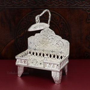 925 pure sterling silver handcrafted small singhasan, idol krishna Bal Gopala throne, god statue&#39;s stand chair, temple puja article su454