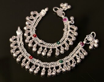 5.1 "plata maciza hecha a mano doble cadena de amuleto de bebé tobilleras recién nacido bebé, tobilleras para niños, pulsera de tobillo unisex joyería de regalo personalizada india