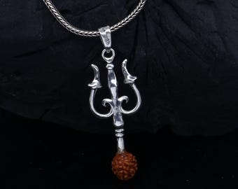 925 Sterling silver handmade Trishul with rudraksha (trident) pendant,nsp858
