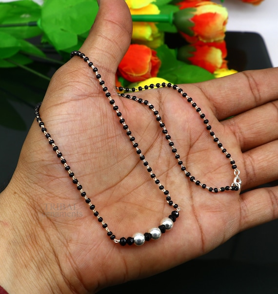 Elegant 925 Sterling Silver Black Beads Chain Necklace