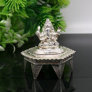 Lord Ganesha With Stand or Bazot, fabulous Sterling silver ganesha statue figurine for home temple diwali puja article utensils su375