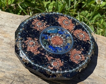 Handcrafted Sacred space orgonite Coaster/ turquoise, Copper & Crystal energy grid, crystal/water/food charging plate, sacred space decor