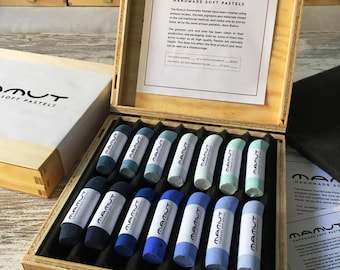 Handmade Soft Pastel Set: Blue Tones, Artist Pastels in Wooden Box