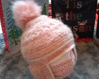 Chunky Pink Red Stripe Mohair Earflap Warm Hat Tassel Sherpa  display picture 1