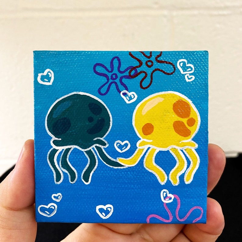 Jellyfish in Love Painting Spongebob Mini Painting Spongebob Etsy