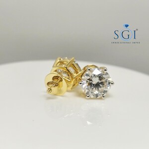 Yellow Gold 11mm Round Moissanite Earrings — 5 Carat Each Solitaire D VVS1
