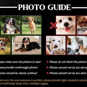 May include: A guide with images showing examples of good and bad photos for pet portraits. The guide includes tips for taking clear, multi-angle photos of pets, and avoiding blurry or dark images. The text emphasizes the importance of high-resolution photos for a successful outcome.