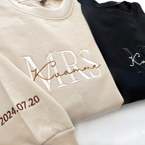Custom Mrs. Embroidered Sweatshirt, Gift for future  Mrs & Mr engagement gift, bride to be, date on sleeve, Valentine&#39;s Day gift