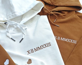 Custom Embroidered Roman Numeral Hoodie Sleeve with Initials,Valentine’s Day gift,Anniversary Gift,Personalised Hoodie