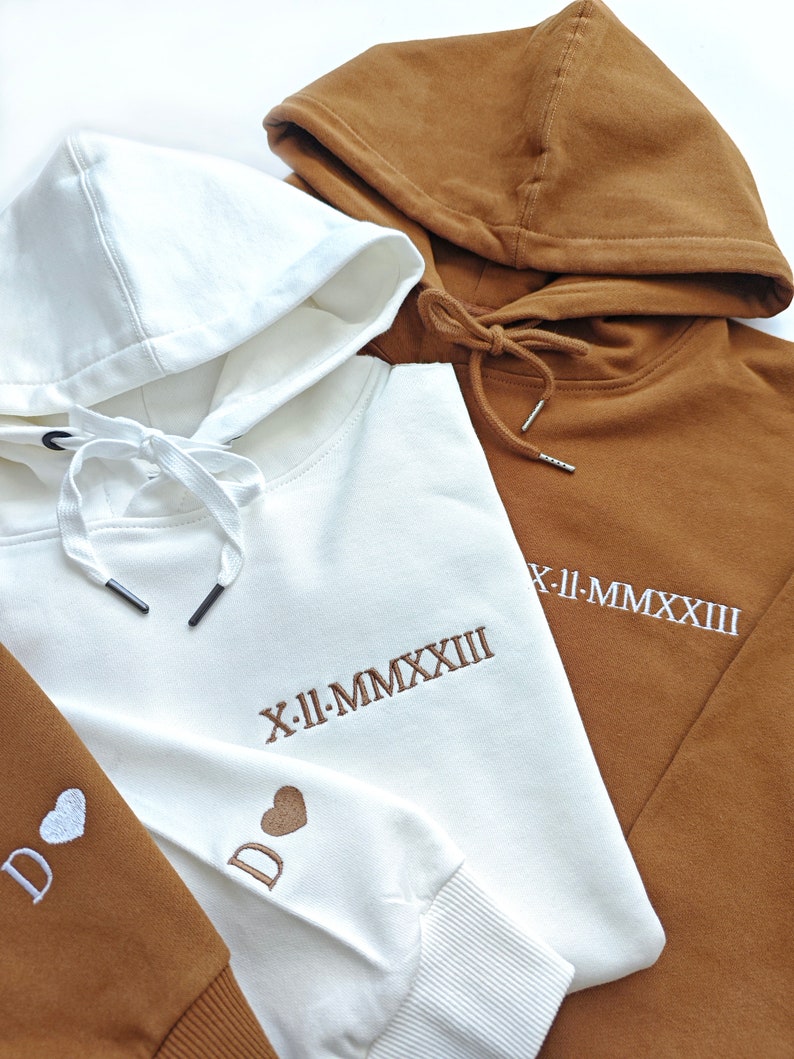 Custom Embroidered Roman Numeral Hoodie Sleeve with Initials,Valentines Day gift,Anniversary Gift,Personalised Hoodie image 1