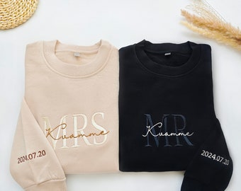 Custom Mrs. Embroidered Sweatshirt, Gift for future  Mrs & Mr engagement gift, bride to be, date on sleeve, personalised Hoodie