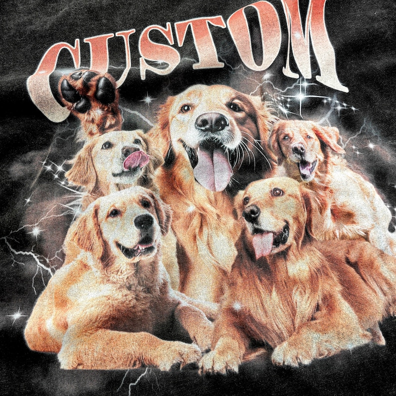 May include: A black t-shirt with the word "CUSTOM" printed in red and white. The shirt features a graphic of four golden retriever dogs with their tongues out.