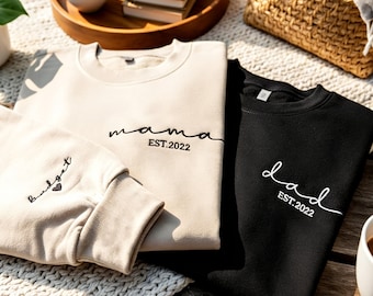 Customized Mama,Dad(Grandpa, grandma) Embroidered Sweatshirt with Date and Name on Sleeve,Gift for New Mom and Dad,Personalized Sweatshirt