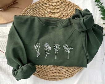 Benutzerdefinierte Geburtsblume gesticktes Sweatshirt, individuell gesticktes Sweatshirt, Blumen-Sweatshirt, personalisiertes Geschenk, perfektes Muttertagsgeschenk