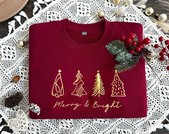 Embroidered Christmas Trees Sweatshirt, Merry & Bright Christmas Trees Sweatshirt,Funny Christmas Sweatshirt, Christmas Shirt, Winter Shirt