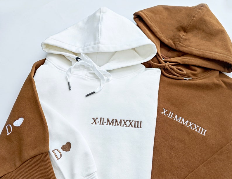 Custom Embroidered Roman Numeral Hoodie Sleeve with Initials,Valentines Day gift,Anniversary Gift,Personalised Hoodie image 3