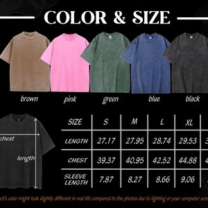 以下が含まれることがあります： 茶色、ピンク、緑、青、黒の五色の半袖Tシャツの画像。サイズチャートには、長さ、胸囲、袖丈の測定値がセンチメートルで表示されています。「COLOR & SIZE」というテキストが表示されています。