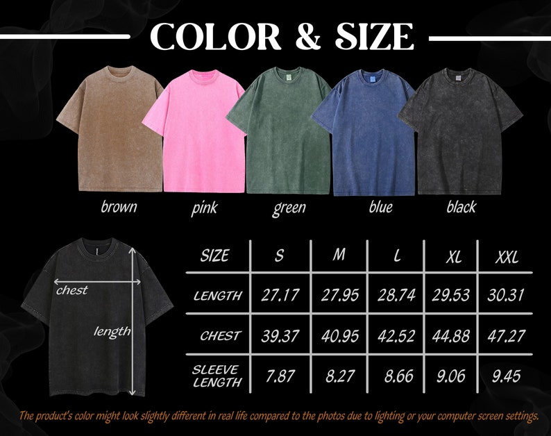 以下が含まれることがあります： 茶色、ピンク、緑、青、黒の五色の半袖Tシャツの画像。サイズチャートには、長さ、胸囲、袖丈の測定値がセンチメートルで表示されています。「COLOR & SIZE」というテキストが表示されています。
