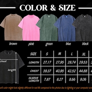 May include: Size chart for a t-shirt in brown, pink, green, blue, and black. The chart shows measurements in inches for chest, length, and sleeve length for sizes S, M, L, XL, and XXL.