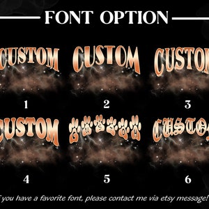 May include: Six different font options for customizing text. The word "CUSTOM" is displayed in each font style. The fonts are displayed on a black background with a brown and white cloudy design.