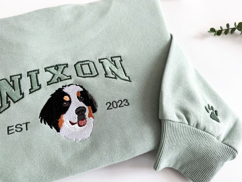 K&ouml;nnte beinhalten: Ein hellgr&uuml;ner Pullover mit dem Wort "NIXON" in dunkelgr&uuml;n gestickt, darunter ein Berner Sennenhund, und darunter der Text "EST 2023". Auf dem rechten &Auml;rmel ist ein gr&uuml;ner Pfotenabdruck gestickt.