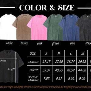 K&ouml;nnte beinhalten: Gr&ouml;&szlig;entabelle f&uuml;r ein T-Shirt in den Gr&ouml;&szlig;en S, M, L, XL und XXL. Die Tabelle zeigt die Ma&szlig;e in Zoll f&uuml;r L&auml;nge, Brustumfang und &Auml;rmell&auml;nge. Das T-Shirt ist in sechs Farben erh&auml;ltlich: Wei&szlig;, Braun, Rosa, Gr&uuml;n, Blau und Schwarz.