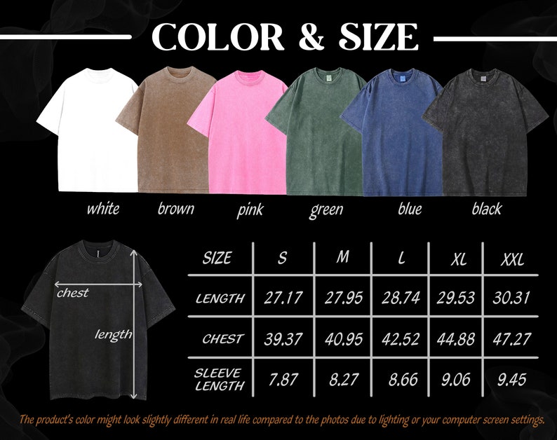 K&ouml;nnte beinhalten: Gr&ouml;&szlig;entabelle f&uuml;r ein T-Shirt in den Gr&ouml;&szlig;en S, M, L, XL und XXL. Die Tabelle zeigt die Ma&szlig;e in Zoll f&uuml;r L&auml;nge, Brustumfang und &Auml;rmell&auml;nge. Das T-Shirt ist in sechs Farben erh&auml;ltlich: Wei&szlig;, Braun, Rosa, Gr&uuml;n, Blau und Schwarz.
