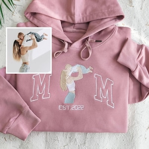 Mama Sweatshirt with Photo, Custom Embroidered Hoodie Mama and Kids Portrait, Custom Varsity Shirt,Mother's Day Gift