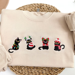 刺繍入りクリスマス猫スウェットシャツ、クリスマス刺繍セーター、面白いクリスマススウェットシャツ、黒猫好きへのギフト
