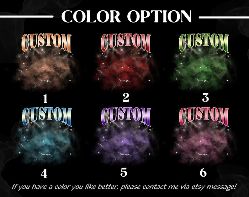 May include: Six different color options for a custom design. The design features a cloud-like shape with stars and lightning bolts. The text "CUSTOM" is written in a bold, stylized font.