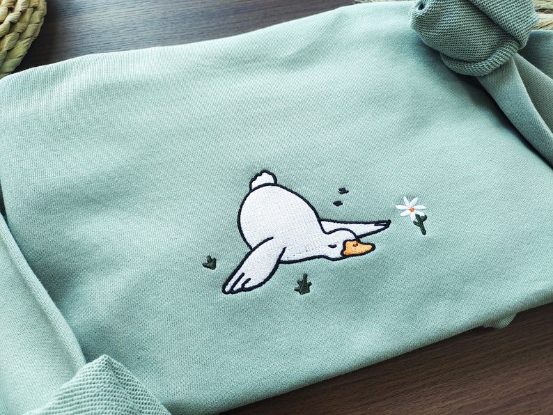 Duck And Daisy Embroidered Crewneck Sweatshirt,Silly Goose Sweatshirt,Flower Sweatshirt ,Funny Sweatshirt, Gifts for friends,Gift for her image 1