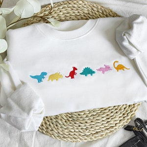 Cute Embroidered Dino Family Crewneck Sweatshirt,Adult dinosaur shirt,Dino gift, Best gifts for her