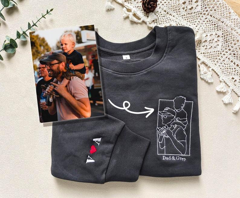 Custom Father's Day Embroidered Sweatshirt,Family Portrait Hoodie,Funny Dad hoodies, Outline Portrait Photo Initial Sleeve, Unique Gifts image 1