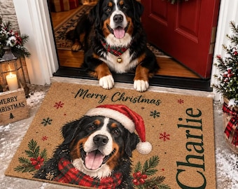 Personalized Christmas Dog Doormat, Custom Pet Portrait Door Mat, Dog Lover Gift, Holiday Front Door Decor, Custom Name Pet Mat
