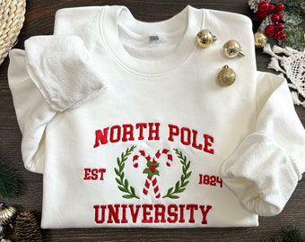 North Pole University Embroidered Sweatshirt, Christmas Embroidery,Christmas Embroidered Hoodie, Christmas Candy Sweater,Christmas Gift