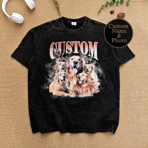 May include: Black t-shirt with a vintage-style graphic of five golden retriever dogs with the word "CUSTOM" in red letters above them.
