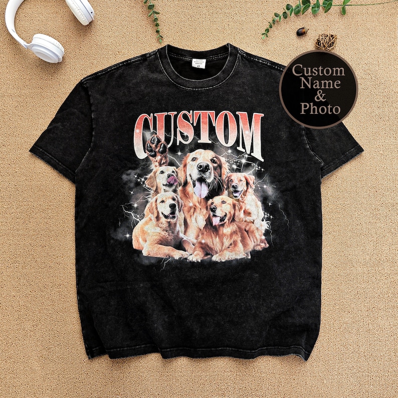 May include: Black t-shirt with a vintage-style graphic of five golden retriever dogs with the word "CUSTOM" in red letters above them.