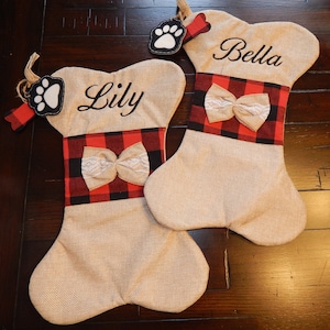 New Dog Gift | Christmas Stocking | Buffalo Plaid | Burlap | Dog Bone Holiday | Dog Bone Holiday Stocking | Paw Stocking | Custom Embroidery