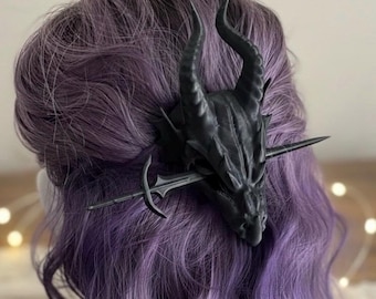 Dragon Skull Hair Pin with Sword Stick – 3D Printed Fantasy Gothic Hair Accessory for Cosplay, LARP and Renaissance Faire Costume