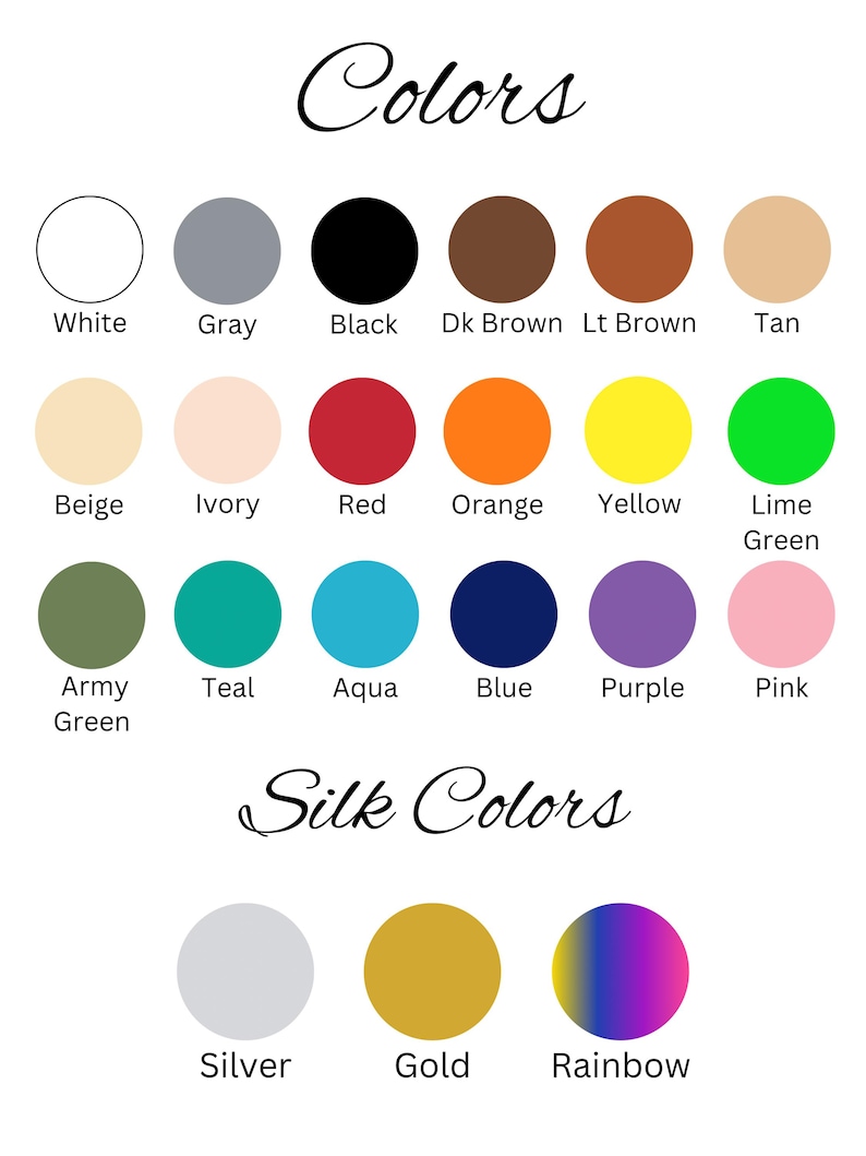 Color chart showcasing the available filament options for 3D printing, displaying a variety of vibrant colors including silk options