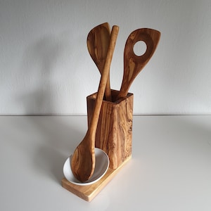 Utensil container made of olive wood with wooden spoon holder including drip tray and 3 cutlery pieces