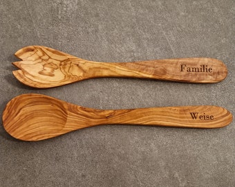 Servidores de ensalada de madera de olivo personalizados, grabados, boda, San Valentín, Día del Padre, cumpleaños, regalo de Navidad