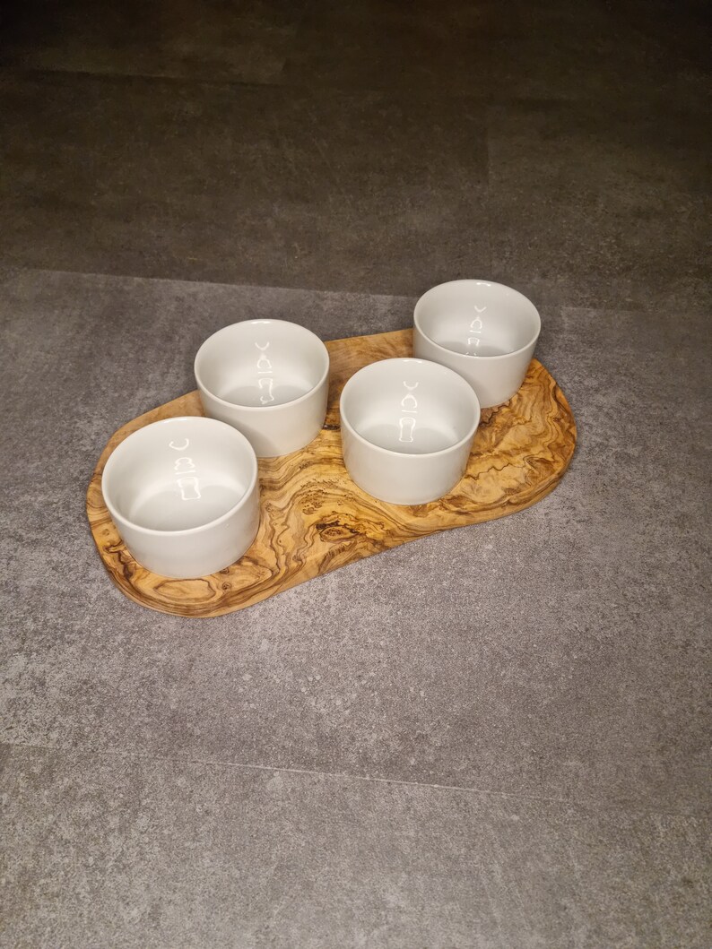 Tabla de servir de madera de olivo con 4 cuencos para salsa, tabla de madera de olivo con cuencos imagen 2