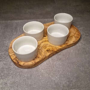 Olive wood serving board with 4 dip bowls, olive wood board with bowls