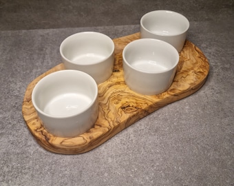 Olijfhouten serveerplank met 4 dipschalen, olijfhouten plank met kommen